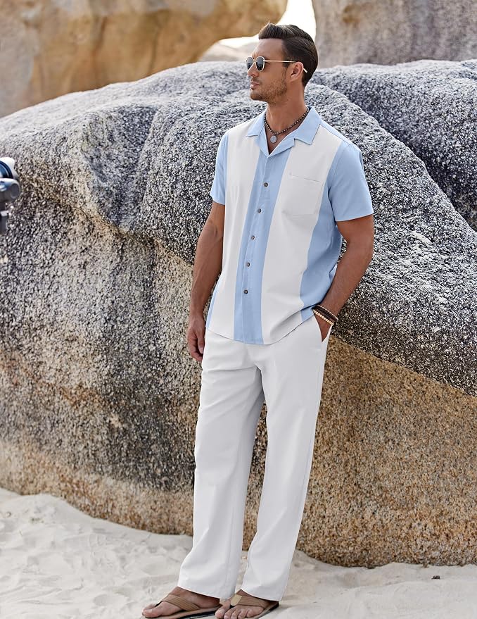 Light Blue Patchwork White Shirt/White Pants