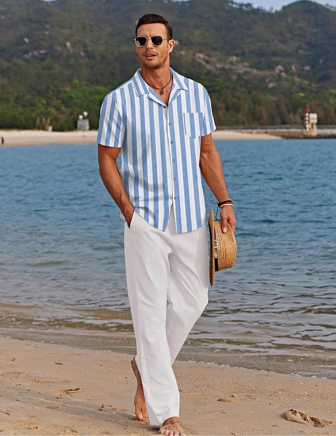 Blue Stripes Shirt/White Pants