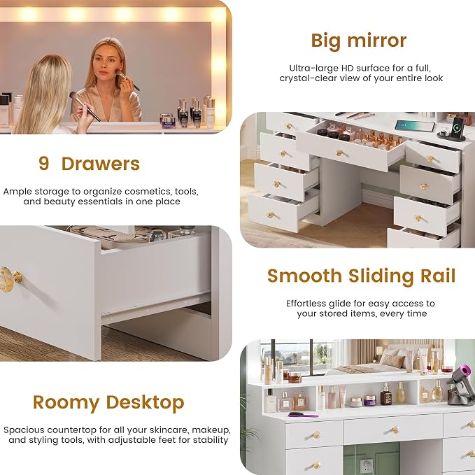White With 9 Drawers & Large Mirror