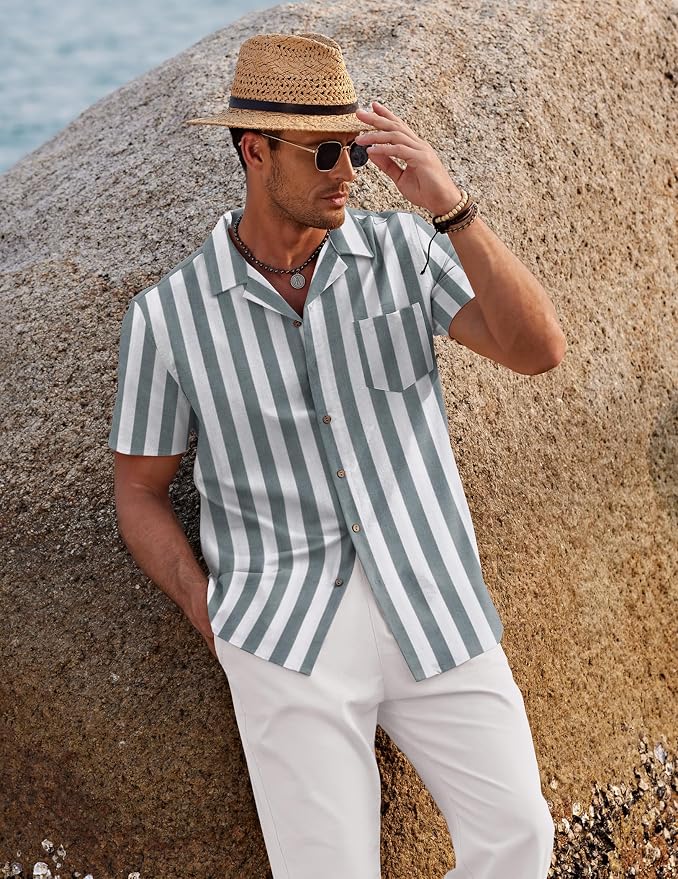 Grey Green Stripes Shirt/White Pants