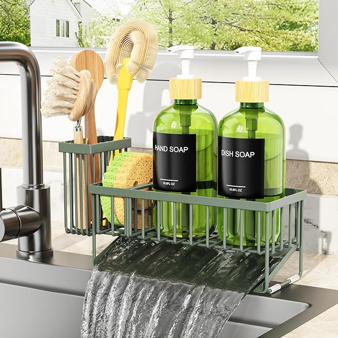 Sage Green Sponge Holder + Green Bottle