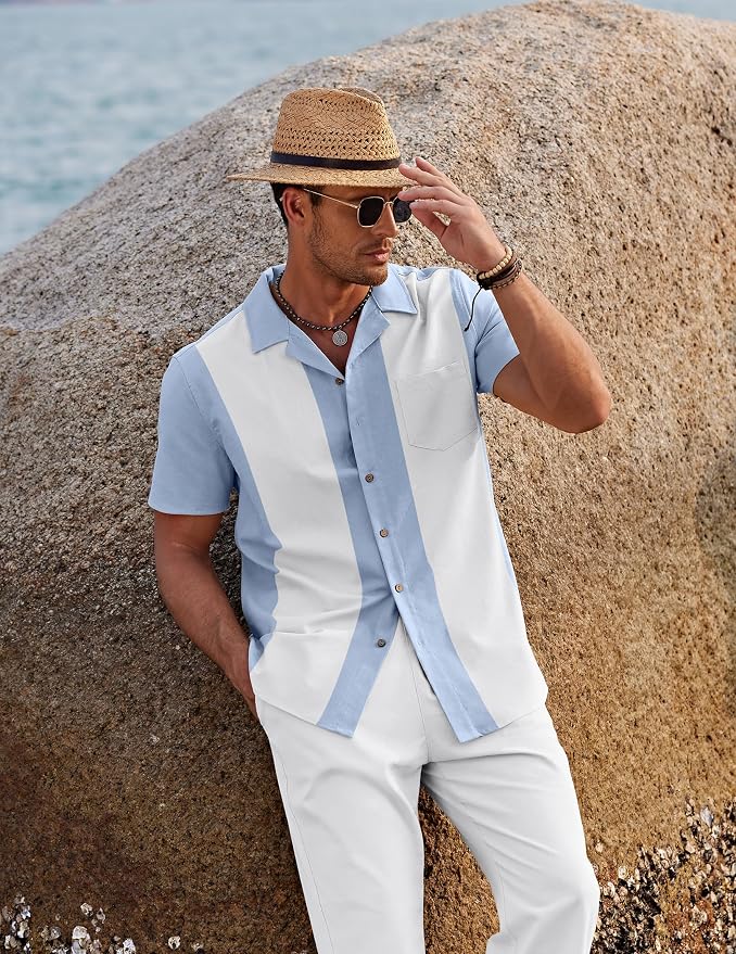 Light Blue Patchwork White Shirt/White Pants