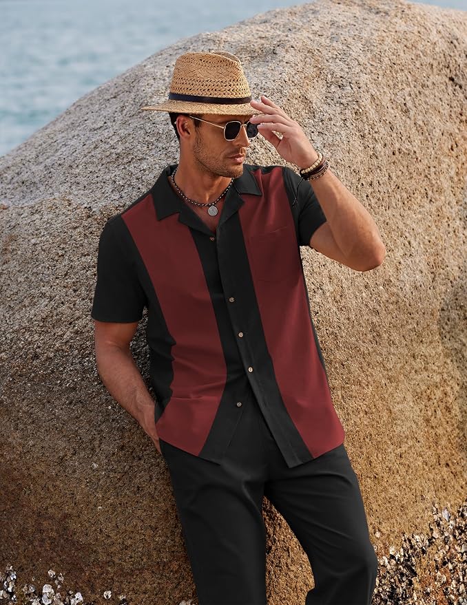 Black Patchwork Wine Red Shirt/Black Pants