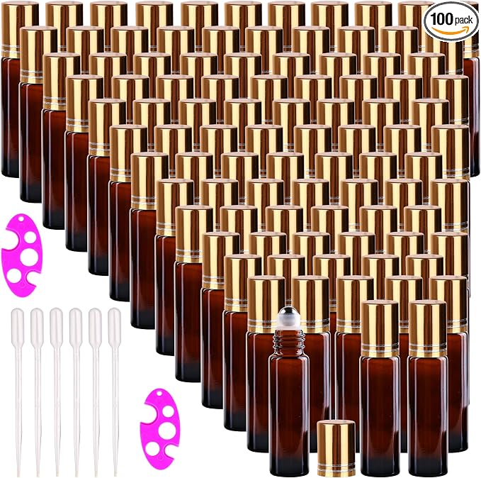 100 PACK Amber Roller Bottles