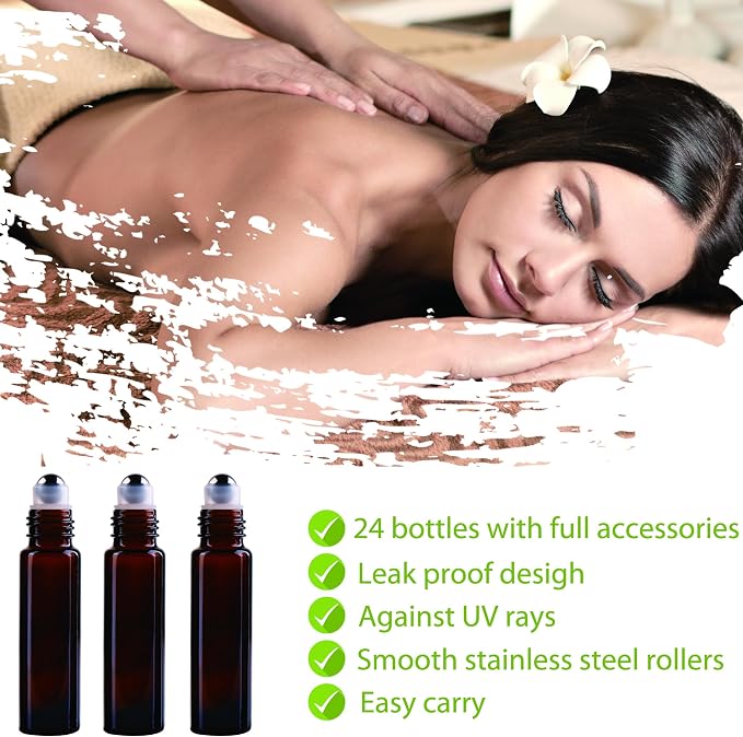24 PACK Amber Roller Bottles